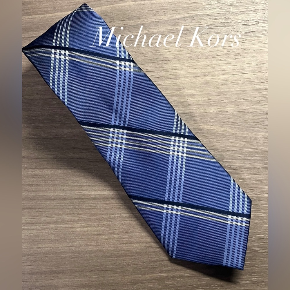 Michael Kors Blue, White, Beige, and Black 100% Silk Plaid Tie